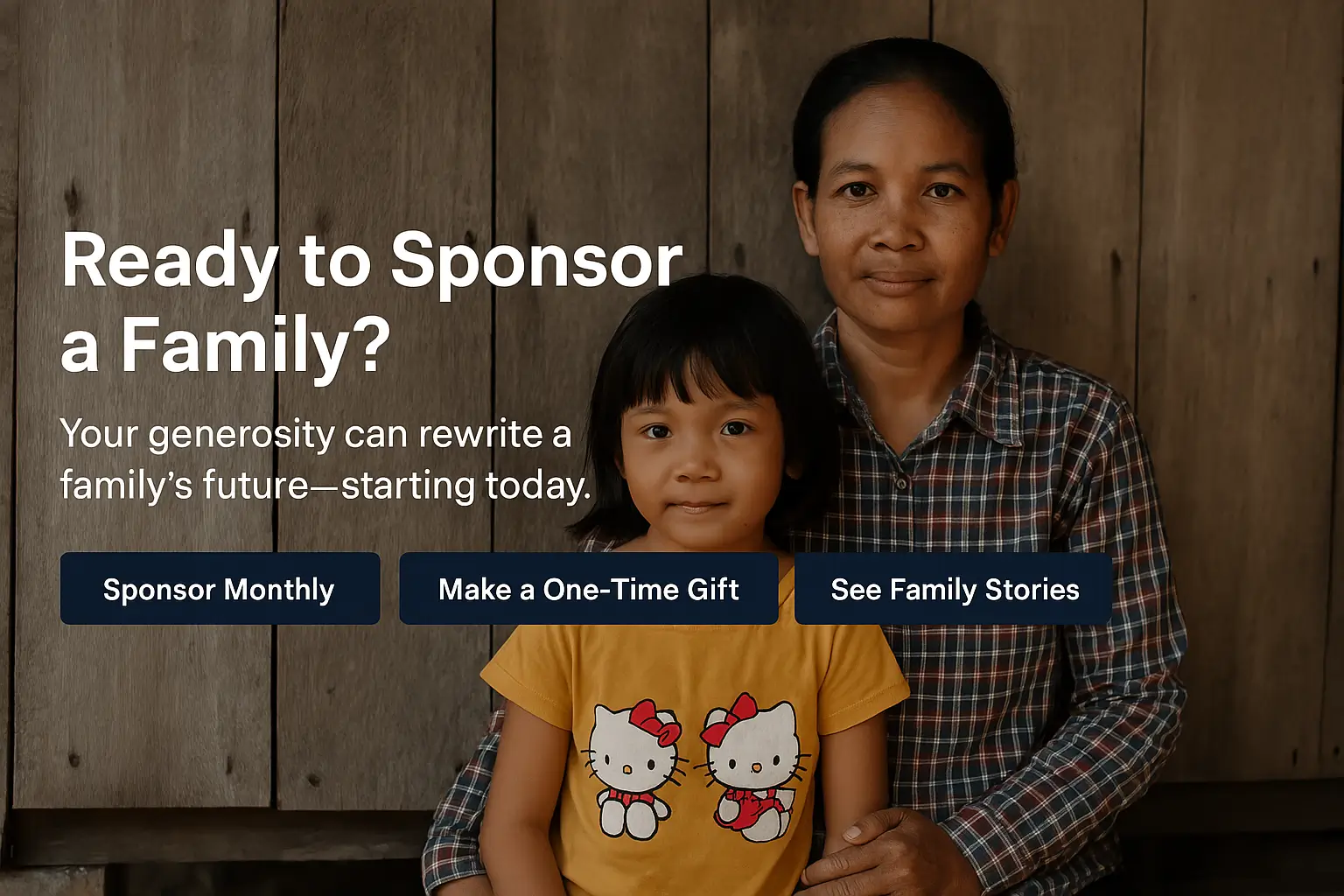 Smiling Cambodian family standing outside their rural home, representing the impact of fundraising for Cambodian families through Sao Sary Foundation's sponsorship program