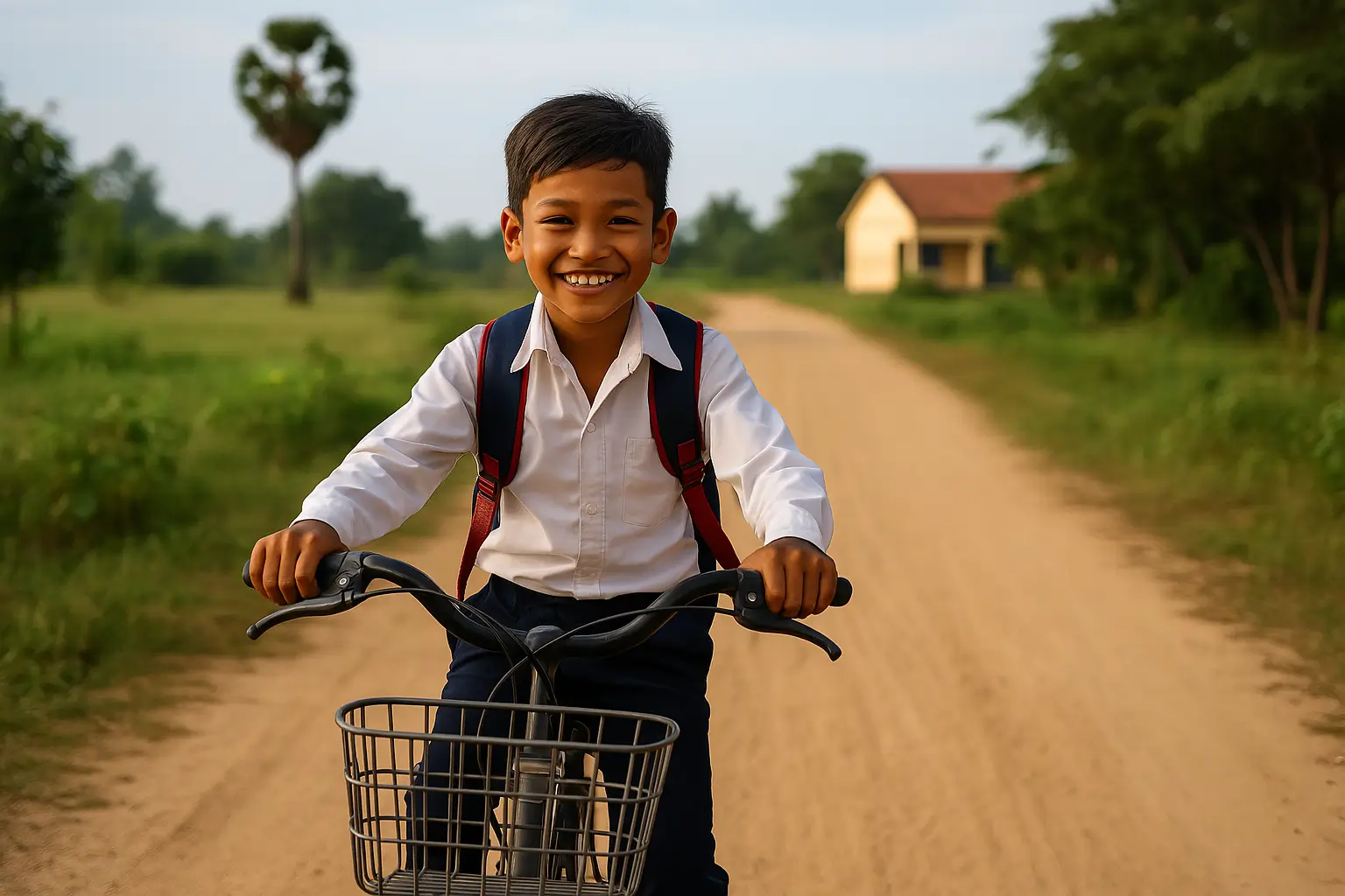 Cambodian child riding bicycle to school supported by educational sponsorship Cambodia monthly