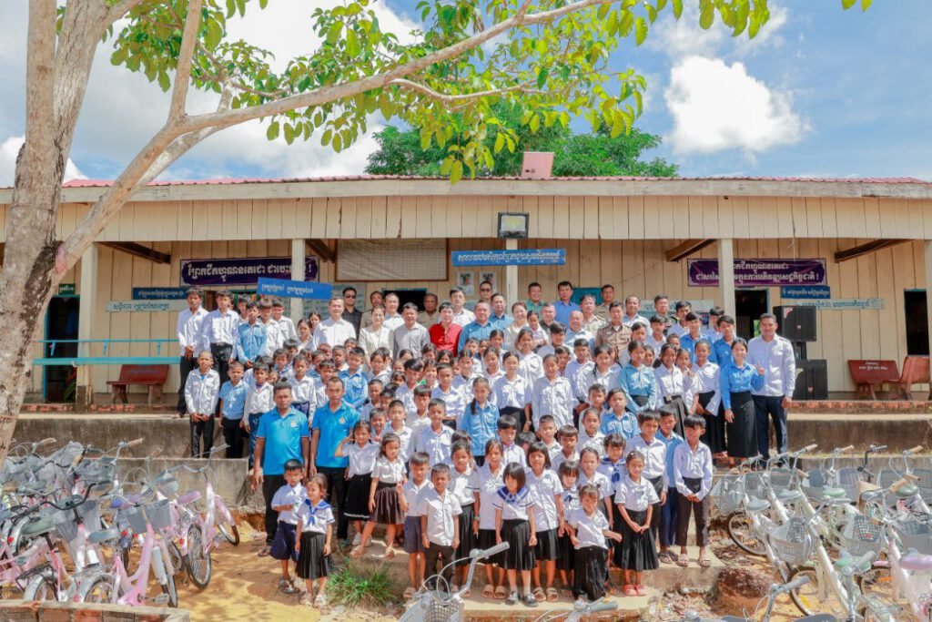 Children receiving school supplies through SSF’s rural educational support in Cambodia, fostering access to learning in underserved provinces.