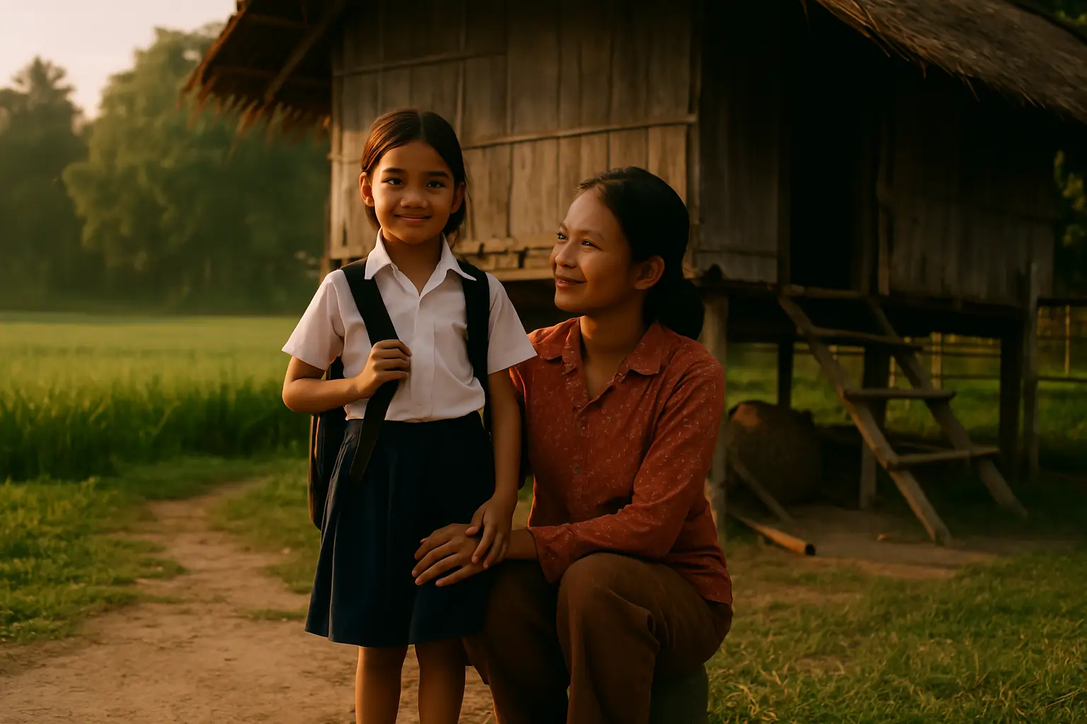 Cambodian mother and child standing outside a stilt house in a rural village, symbolizing resilience and hope through fundraising for Cambodian children