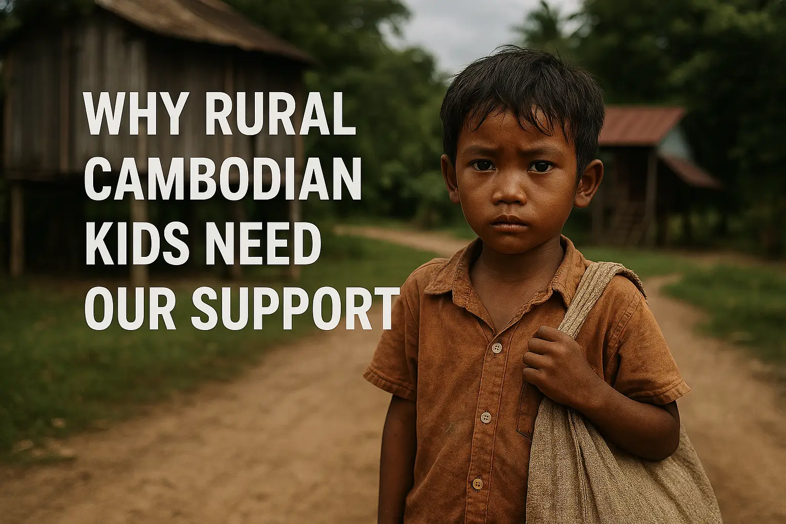 Rural Cambodian boy standing on a dirt path near stilt houses, looking directly at the camera