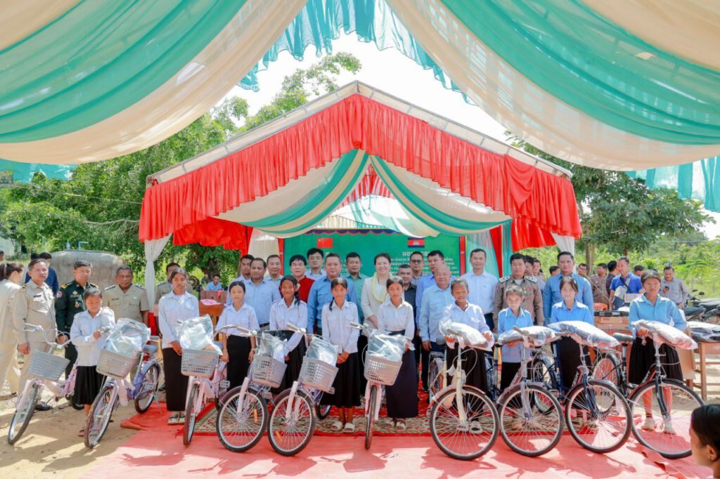 Cambodian students at Prekyang Primary School wearing new uniforms and backpacks