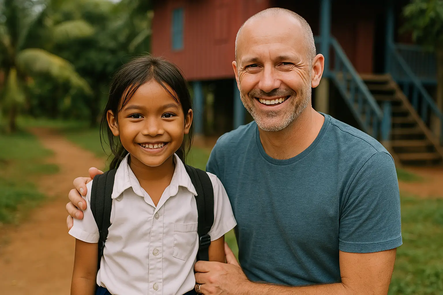 Cambodian child smiling in classroom supported by full child sponsorship Cambodia monthly