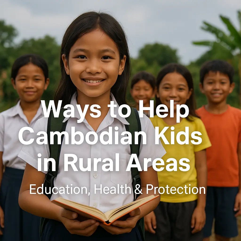 Cambodian children riding bicycles to school in a rural village—showing practical ways to help Cambodian kids in rural areas.