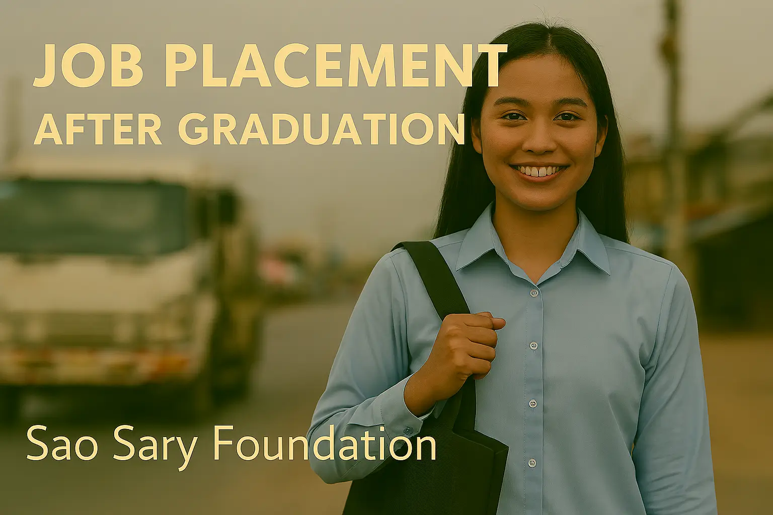 Young Southeast Asian woman smiling proudly with work bag, representing job placement after graduation from Sao Sary Foundation