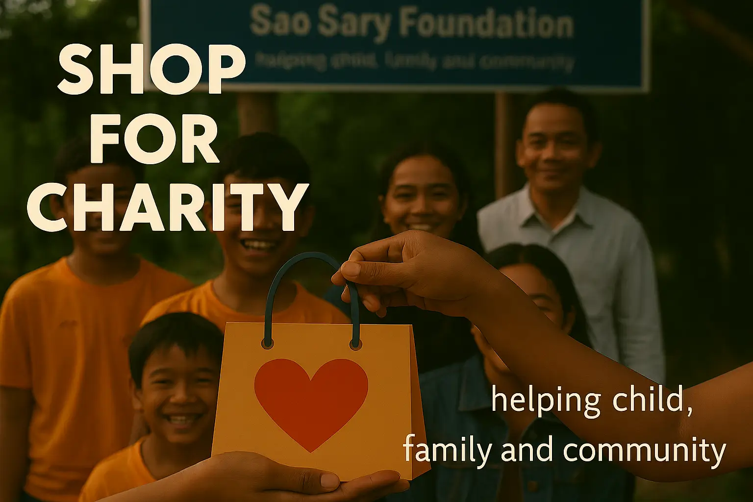 Cambodian children and families smiling behind hands exchanging a shopping bag with a heart symbol, promoting charity shopping.