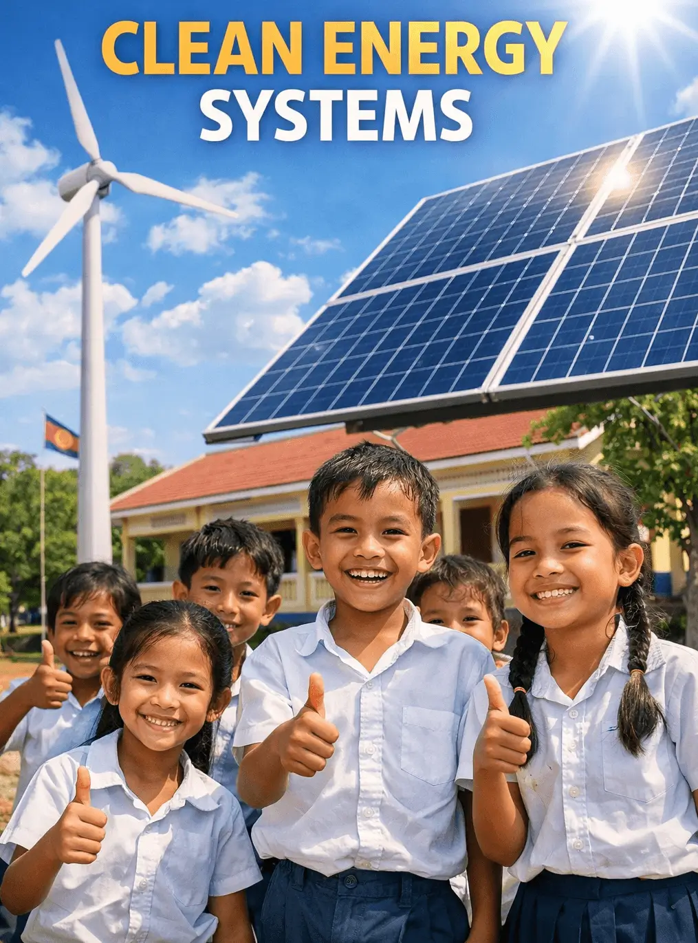 Build the School Cambodia clean energy systems with solar panels and wind turbine powering Prekyang Primary School.