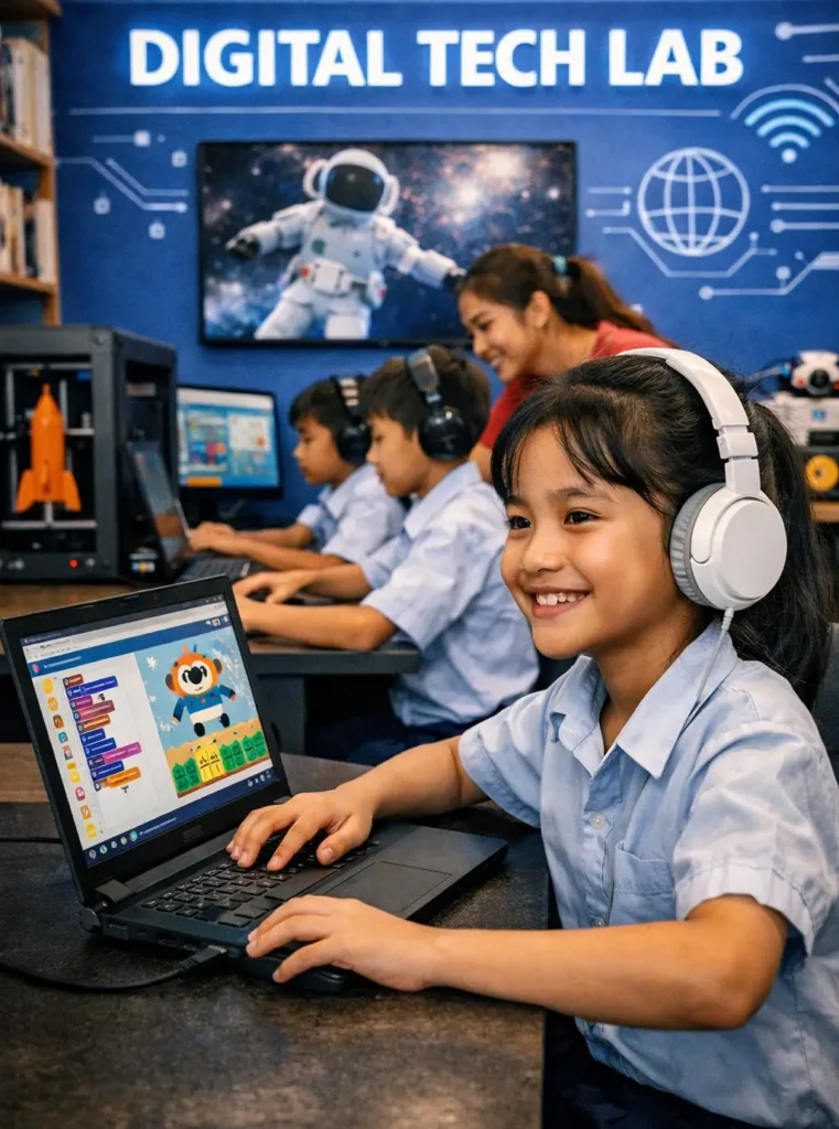 Build the School Cambodia Digital Tech Lab with Cambodian students learning coding and technology in modern classrooms.