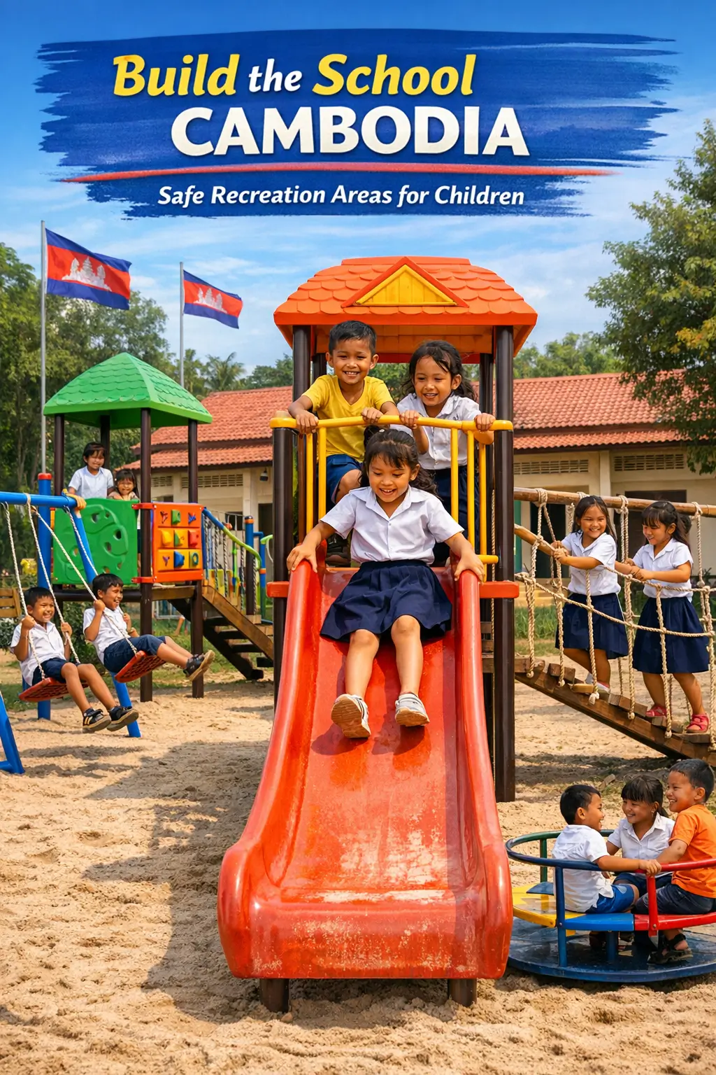 Build the School Cambodia safe recreation areas with Cambodian children playing on slides, swings, and rope bridges.