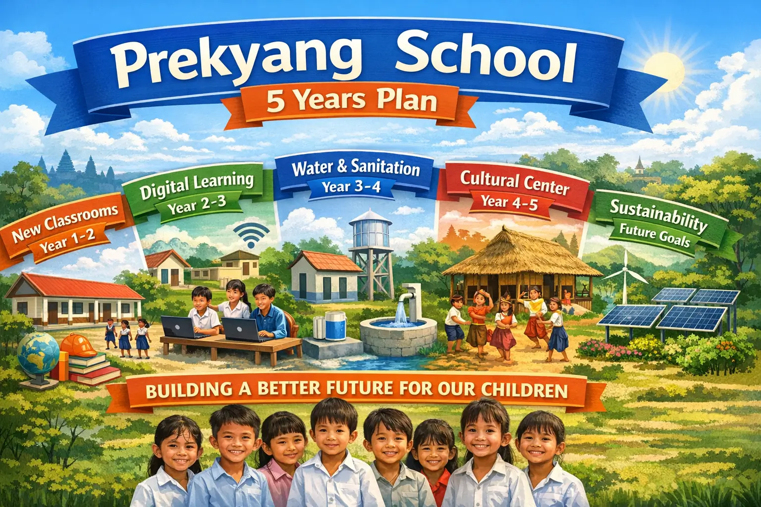 Infographic illustrating Prekyang School 5 Years Plan with classrooms, digital learning, sanitation, culture, and sustainability